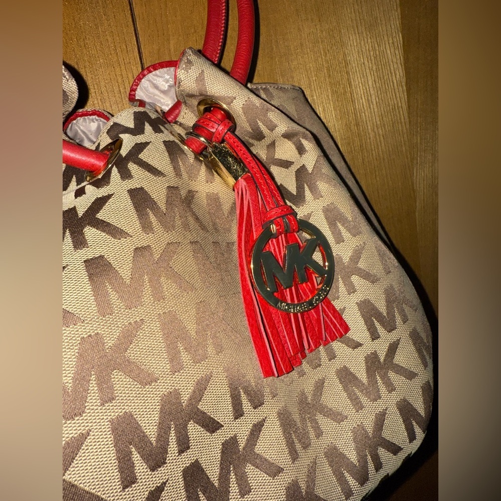 Michael Kors MK Logo Canvas Tote Bag Brown Red Leather Handles Tassel Purse - Picture 16 of 17